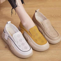 Zapatos De Verano Para Mujer Con Suela Gruesa Y Punta Redonda Zapatos Blancos Pequeños De Tacón Medio Material PU Sin Tiezas - details 3