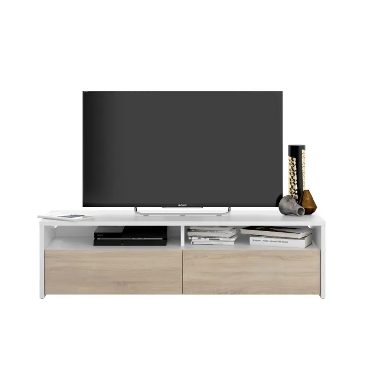 Ventamuebles MUEBLE TV KIOTO en Blanco y Roble Canadian con Bandejas y Puertas Abatibles - 1