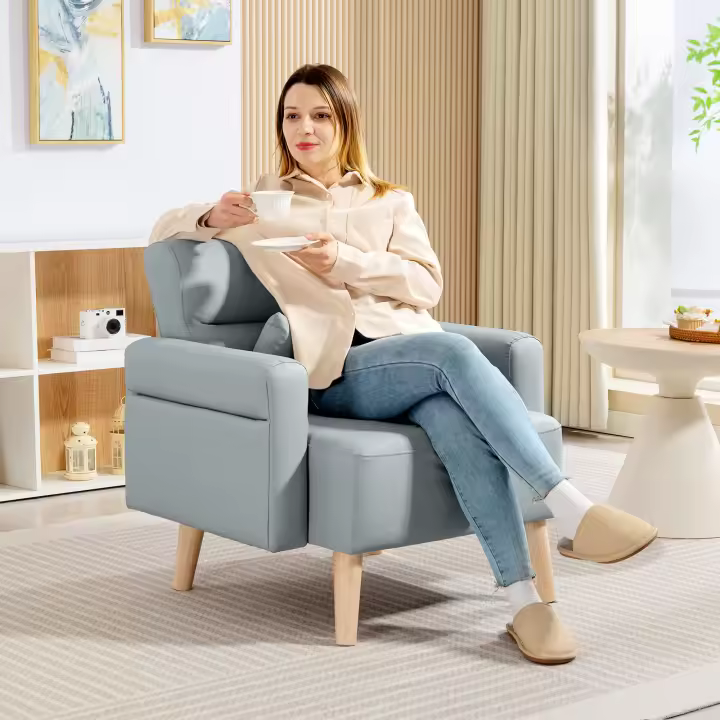 HOMCOM Sillón Moderno Butaca de Salón Tapizado en Cuero Sintético con Reposabrazos Acolchado Grueso Respaldo con Costuras y Patas de Madera para Dormitorio - 1