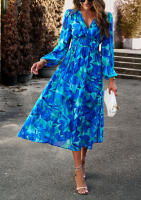 Vestido Bohemio Casual De Maxi Para Mujer Con Estampado V-Neck Manga Larga Cintura Alta 4 Colores Poliéster Para Playa Y Vacaciones - details 12