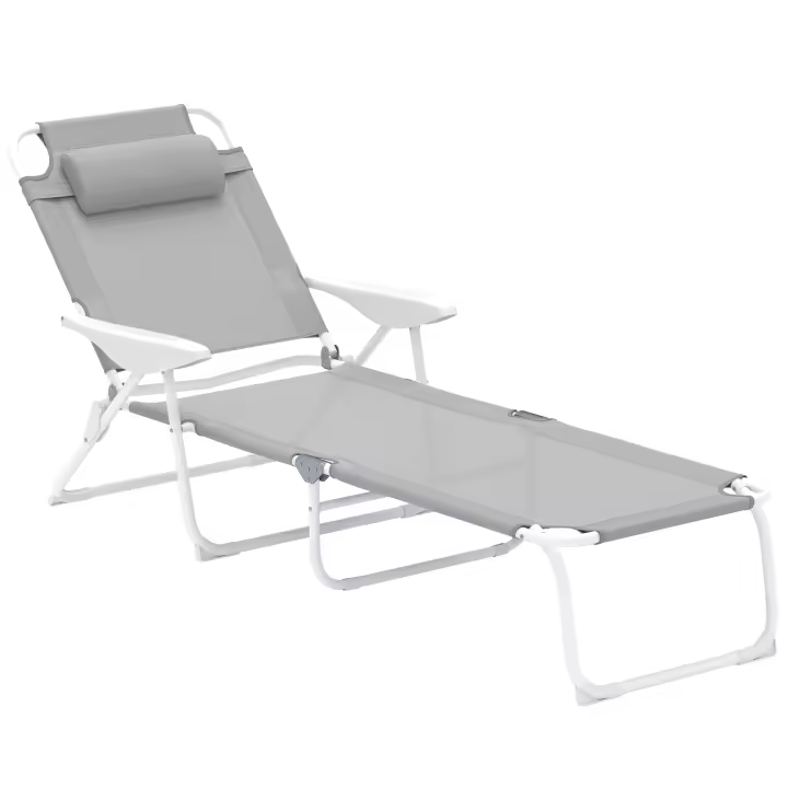 Outsunny Tumbona Plegable Tumbona Jardín Exterior con Respaldo Ajustable Reposacabezas Extraíble y Estructura de Metal Carga 120 kg para Terraza Piscina Playa 160x66x98 cm Gris - 1