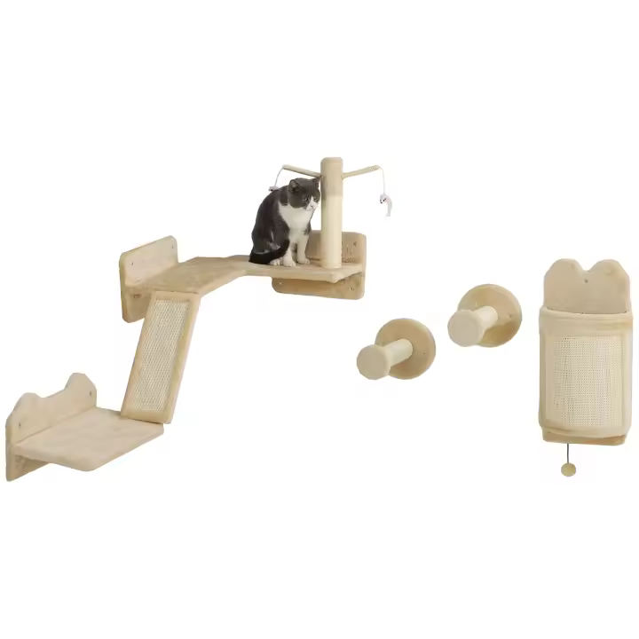 PawHut Juego de Estanterías para Gatos de 4 Piezas Rascador de Pared para Gatos con Postes de Sisal Plataforma para Saltar Bola de Juguete Beige - 1