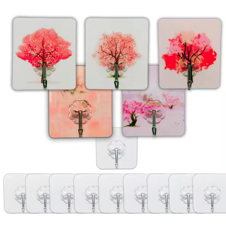 CUBIBOO®️ Set Ganchos Adhesivos Para Pared 5 pcs X " Sakura en flor " (8,5 x 7,5 CM) + 10 pcs X Transparentes (5,7 x 5,7 CM) | Ganchos Para Colgar | No Mas Clavos | Cuelga Facil (15, Sakura) - 1