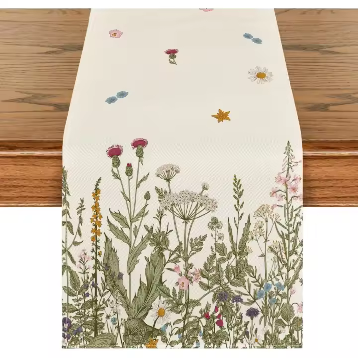 Camino de mesa de primavera con hierbas antiguas y flores silvestres, decoración de mesa de comedor de cocina de temporada para decoración de fiesta en el hogar 33 x 180 cm - 1