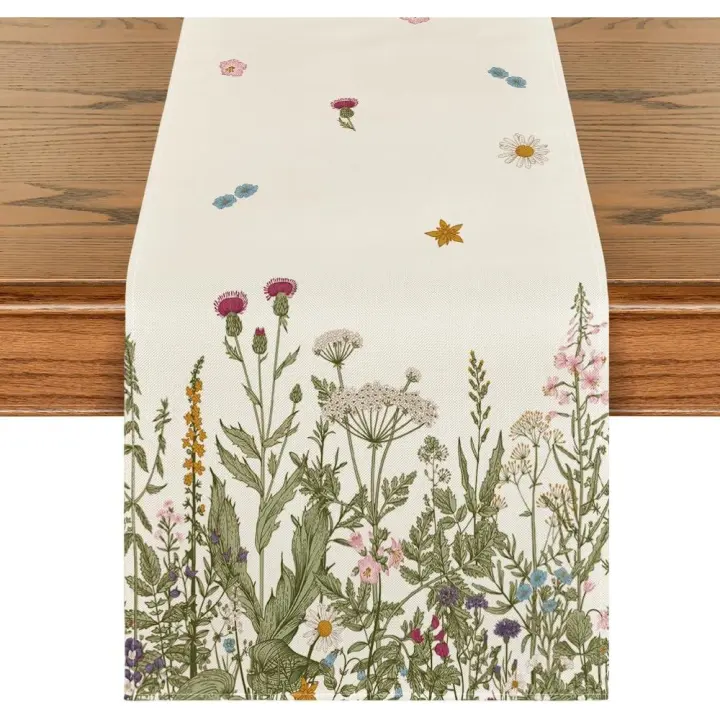 Camino de mesa de primavera con hierbas antiguas y flores silvestres, decoración de mesa de comedor de cocina de temporada para decoración de fiesta en el hogar 33 x 180 cm - 1