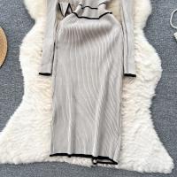Vestido Bodycon Largo Elegante Con Ribbed Contrastado Tejido Muy Estirable Para Mujer Otoño Invierno Con Cinturón Y Bandage Streetwear Vestido De Mujer - details 6