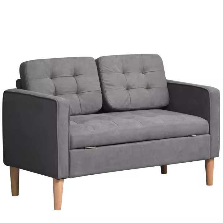 HOMCOM Sofá 2 Plazas, Sofá con Espacio de Almacenamiento, Patas de Madera, Sofá Tapizado Acolchado, Sofá Doble con Aspecto de Terciopelo para Salón, Dormitorio, 117x 62 x 78 cm, Gris - 1