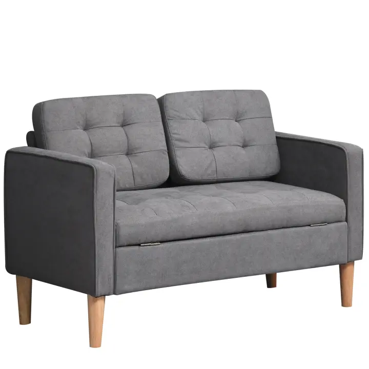 HOMCOM Sofá 2 Plazas, Sofá con Espacio de Almacenamiento, Patas de Madera, Sofá Tapizado Acolchado, Sofá Doble con Aspecto de Terciopelo para Salón, Dormitorio, 117x 62 x 78 cm, Gris - 1