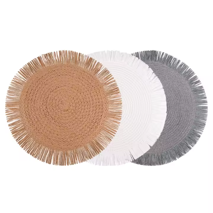 Cofan Pack de 6 salvamanteles individuales  Bajoplatos redondos  Color: beige, blanco o gris  Diámetro: 38 cm  Salvamanteles con flecos decorativos - 1