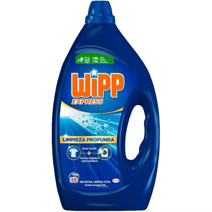 Wipp Express Limpieza Profunda, 55 lavados, detergente líquido quitamanchas, detergente para lavadora concentrado para coladas higiénicamente limpias - 1