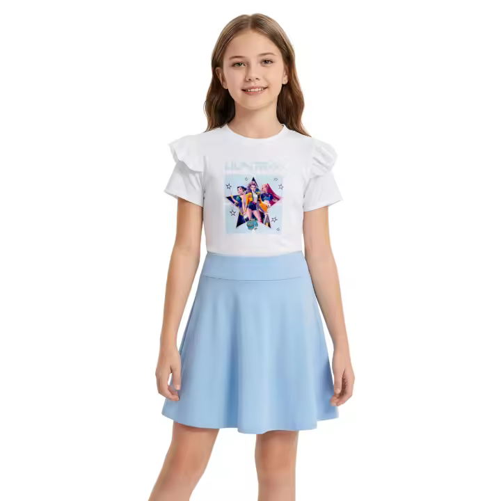Vestido Niña K-Pop, con Estampado Idol. Moda Anime Infantil. Vestido de Manga Corta con Volantes y Falda Acampanada. Moda Casual de Verano para Niñas de 2 a 12 Años. - 1