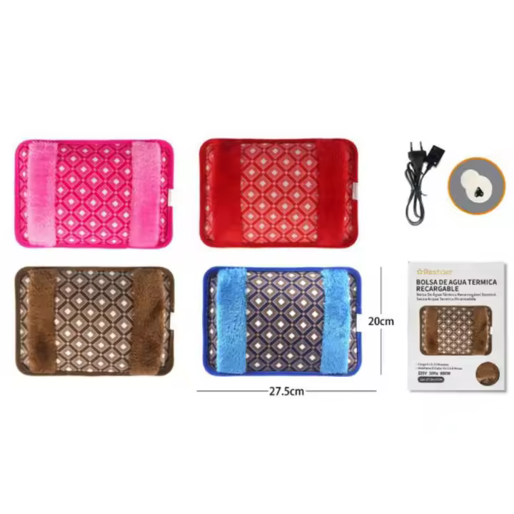 Bolsa de Agua Caliente Eléctrica - 20x 27.5 cm - con Funda Suave de Pelo - Recargable en 15 min - Duración de 3 -6Horas - para Aliviar Dolores -Calmar Molestias Musculares -calentador de manos  dos modelo para elegir liso y estampado . color aleatorio - 1