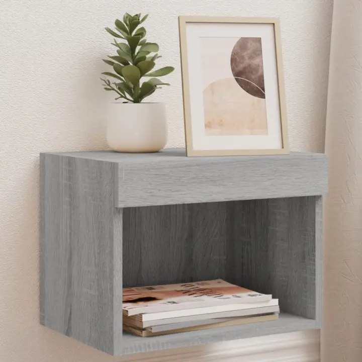 vidaXL Mesita de noche de pared con luces LED gris Sonoma - 1