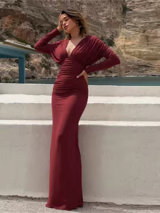 Vestido Maxi Elegante Kliou Para Mujer Con Cuello V Simple Sólido Calle Alta Pliegues Plegados Completo Manga Larga Bodycon Clásico Fiesta - 1