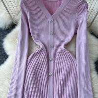 Vestido Largo Maxi Rosa Francés De Moda Con Volantes Y Cuello En V Para Mujer Abrigo De Invierno Estilo Oficina Lady - details 17