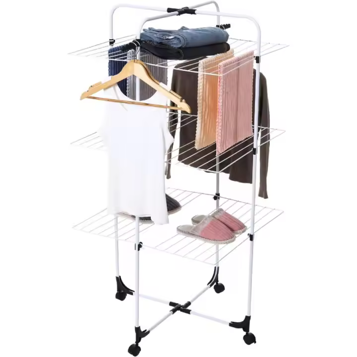 Perchero de pie, multifuncional, de tres capas, para toallas, plegable, con forma de ala, en forma de torre, apto para exteriores, balcón, dormitorio y sala de estar. - 1