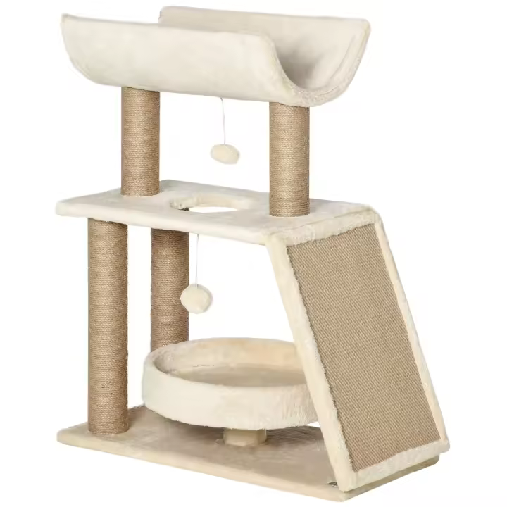 PawHut Árbol para gatos Cozy Chic Design con múltiples equipos, centro de actividades, postes rascadores, plataformas rascadoras, cama de juego, pelota colgante en madera y sisal de felpa corta, 60 x 30 x 76 cm - 1