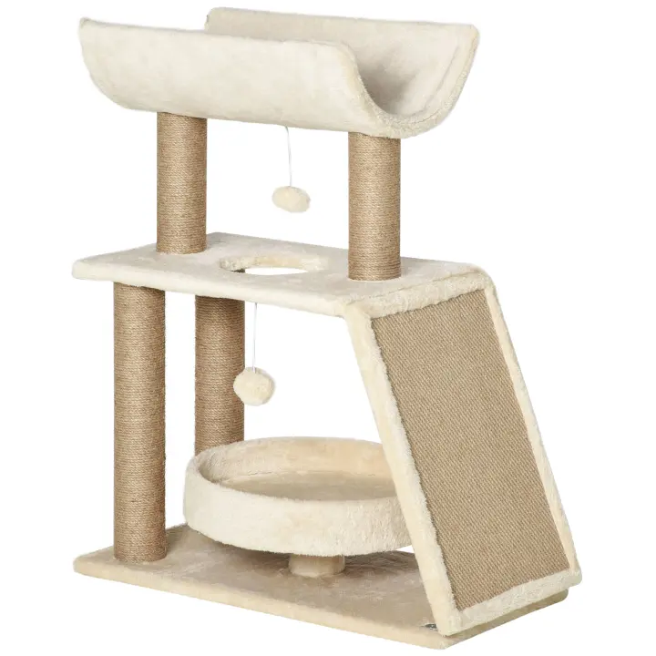 PawHut Árbol para gatos Cozy Chic Design con múltiples equipos, centro de actividades, postes rascadores, plataformas rascadoras, cama de juego, pelota colgante en madera y sisal de felpa corta, 60 x 30 x 76 cm - 1