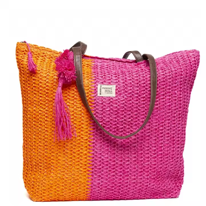 TANTREND – CONJUNTO DE PLAYA BICOLOR CON BOLSO Y NECESER EN TEJIDO TIPO RAFIA CON BORLAS - 1