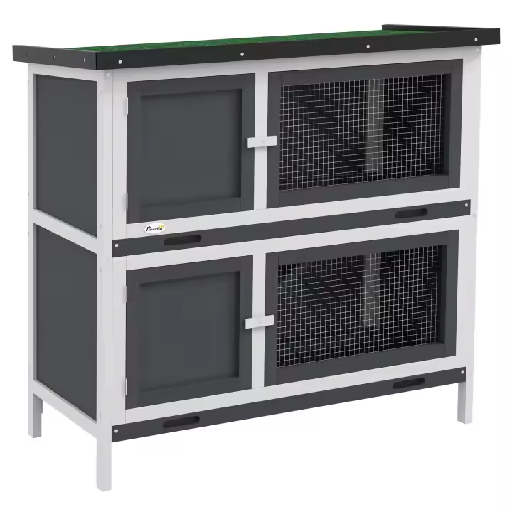 PawHut Conejera de Madera Jaula para Conejos de 2 Pisos 97x44x91 cm con Techo Asfáltico Puertas con Pestillo Bandejas Extraíbles y Rampa para 2 Conejos - 1