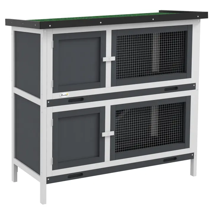 PawHut Conejera de Madera Jaula para Conejos de 2 Pisos 97x44x91 cm con Techo Asfáltico Puertas con Pestillo Bandejas Extraíbles y Rampa para 2 Conejos - 1