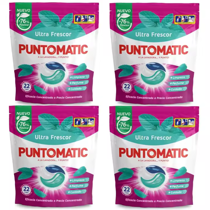 PUNTOMATIC 22 Cápsulas Tricámara Ultra Frescor, Pack Ahorro 4x22 Total 88 Lavados, Detergente Lavadora, Para Ropa Blanca y De Color, Quitamanchas - 1