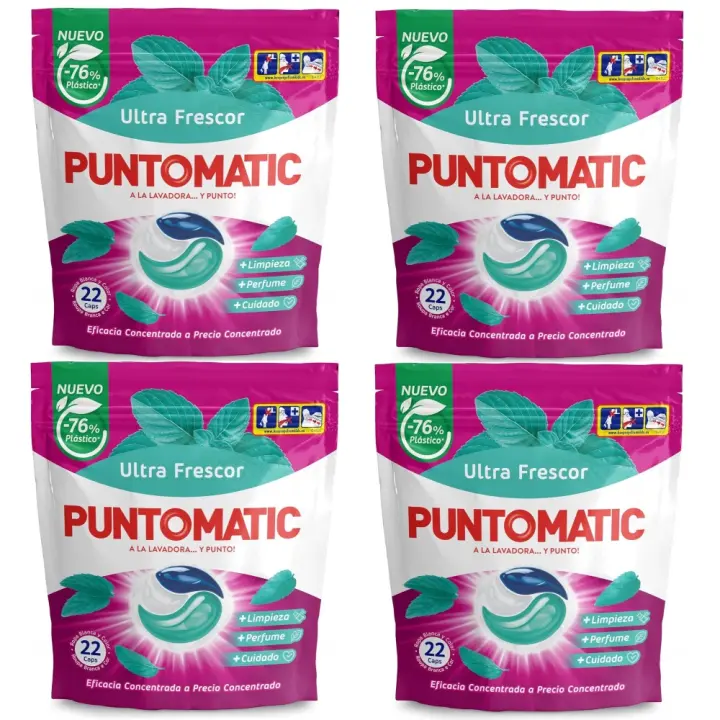 PUNTOMATIC 22 Cápsulas Tricámara Ultra Frescor, Pack Ahorro 4x22 Total 88 Lavados, Detergente Lavadora, Para Ropa Blanca y De Color, Quitamanchas - 1