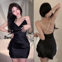 Vestido De Satén Para Mujer Estilo Coreano Con Escote En V Y Espalda Descubierta Vestido De Sujeción Con Manga Regular Largo De Rodilla - details 4
