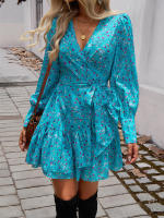 Vestido Largo De Manga Puffy Para Mujer Elegante Con Cuello En V Y Falda A-line Impresa Casual De Otoño E Invierno - details 1