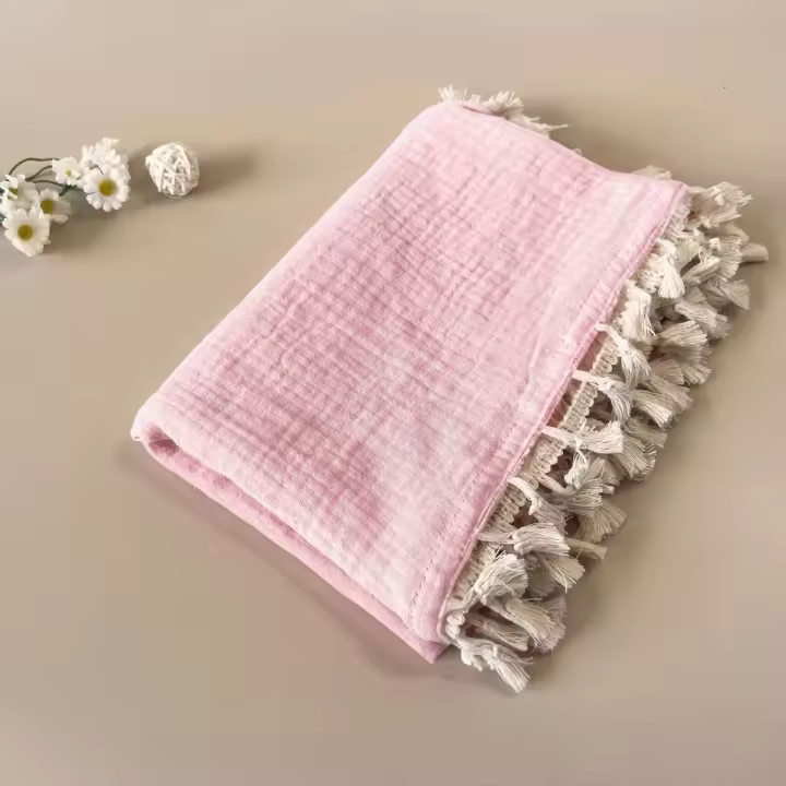 Manta de gasa de algodón para bebé, manta de crepé de algodón puro, manta para bebé con borlas, manta para niños - 1