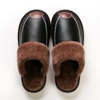 Zapatillas De Cuero Para Hombre Invierno Pantuflas De Terciopelo Grueso Y Impermeables Para Dormitorio Calzado Interior Cálido - details 0