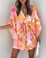 Vestido Casual De Verano Para Mujer Con Estampado Y Volante Estilo Playa Cuello En V Manga Batwing A-Line Largo Mini - details 16