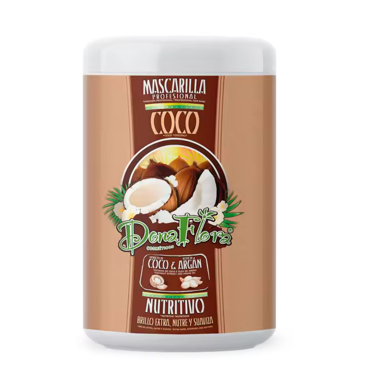Dona Flora Mascarilla Coco y Aceite de Argán 1000ml - Fortalece la fibra capilar y  restaura la salud del cabello - Vendido por Beauty World Distributor - 1