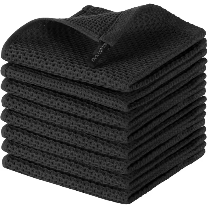 100% Algodón, paquete de 8 Paños de cocina de tejido waffle, ultra suaves, abrsorbentes, Paños de secados, 30x30 cm, color negro - 1