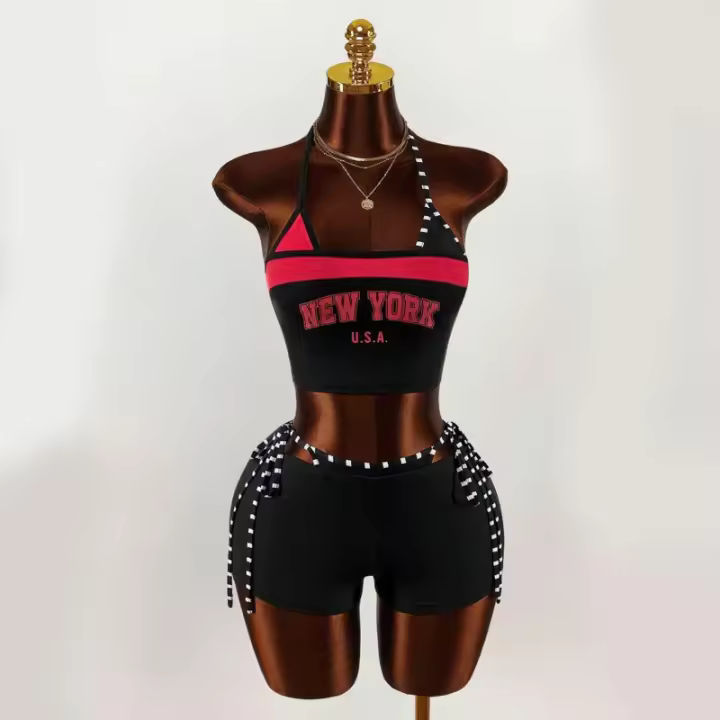 Conjunto De Shorts De Moda Para Mujer Estilo Harajuku Sexy Y2K Con Impresión De Letras Y Cinturón Interior Top Sin Mangas De Cuello Colgante - 1