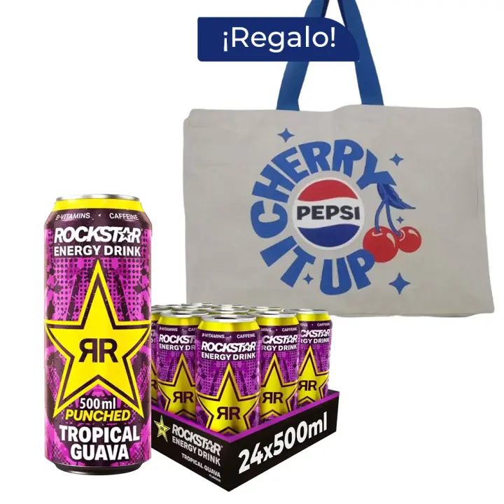 Pack Regalo Rockstar Guava 12 Latas x 500 ml + Tote Pepsi, Bebida Energética con Guayaba, Burbuja Fina y Duradera, Bebida Carbonatada, Energy Drink con Cafeína, Vitaminas B, Guaraná y Taurina, Latas 100% Reciclabes - 1