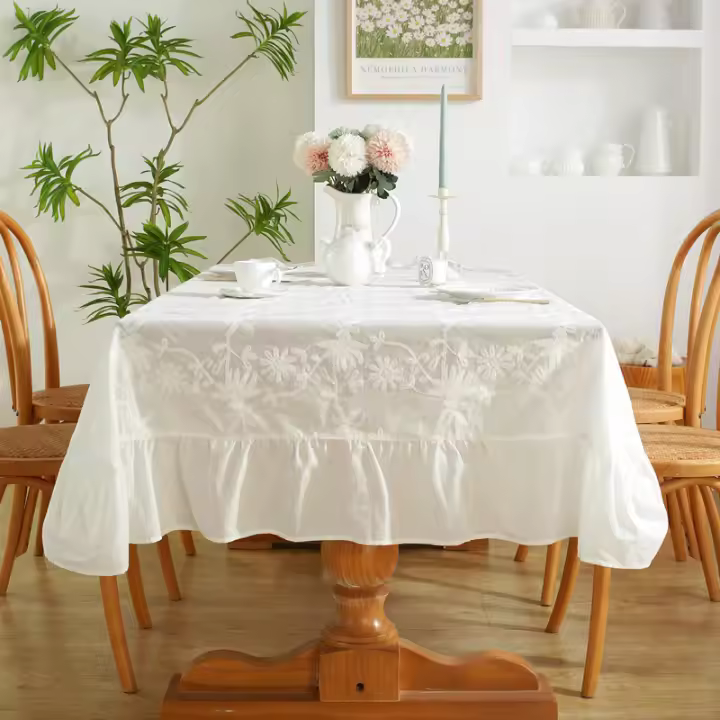 Mantel De Porcelana Azul Y Blanco Con Bordado En Algodón 100% Resistente Al Agua Y Aceite Con Borde De Hoja De Loto - 1
