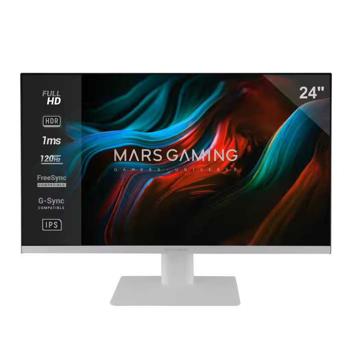 Mars Gaming MV-24, Monitor 24” IPS FHD 120Hz, HDR10 1ms, FreeSync y G-SYNC, Monitor PC con Altavoces Integrados, Inclinación 25°, Low Blue Light y Flicker Free, HDMI + DisplayPort + Jack 3.5mm, Monitor de Ordenador Negro o Blanco - 1