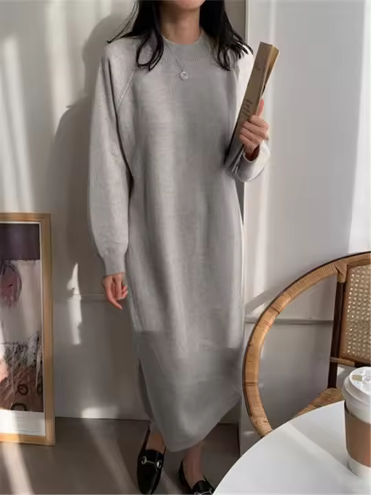 Vestido Largo Casual De Otoño Invierno REALEFT Para Mujer Suéter De Lana Gruesa Con Cuello Redondo Manga Larga Sobremano Suelto - 1