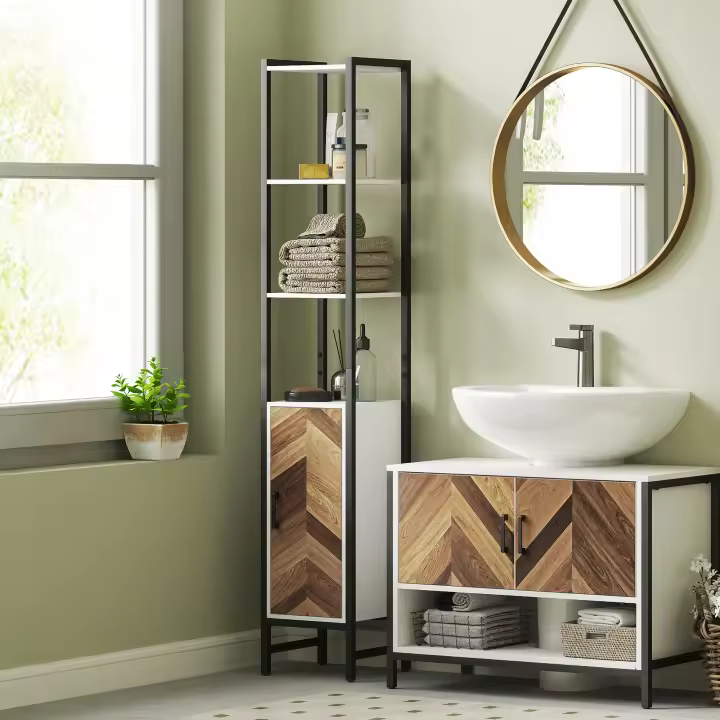 HOMCOM Columna de Baño Armario Alto de Baño con 3 Estantes Abiertos 1 Puerta y Estante Ajustable Mueble Auxiliar de Baño con Sistema Anti-vuelco 30x30x170 cm Blanco y Nogal - 1