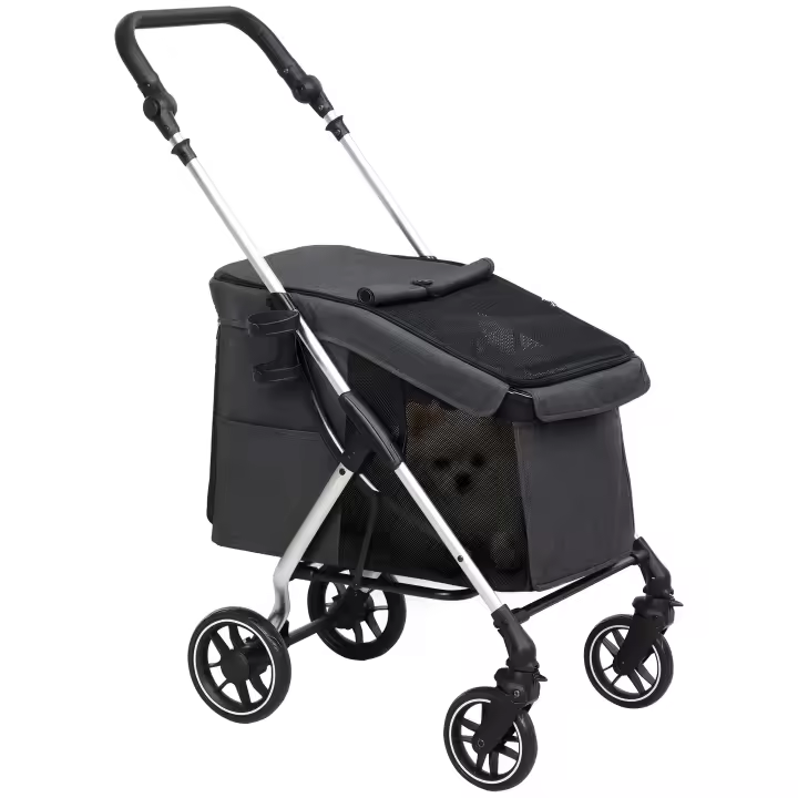 PawHut Cochecito para perros de 4 ruedas, carrito para mascotas, ligero y plegable, con cojín lavable, correa de seguridad, ventana de malla múltiple, cochecito portátil para gatos, color gris - 1