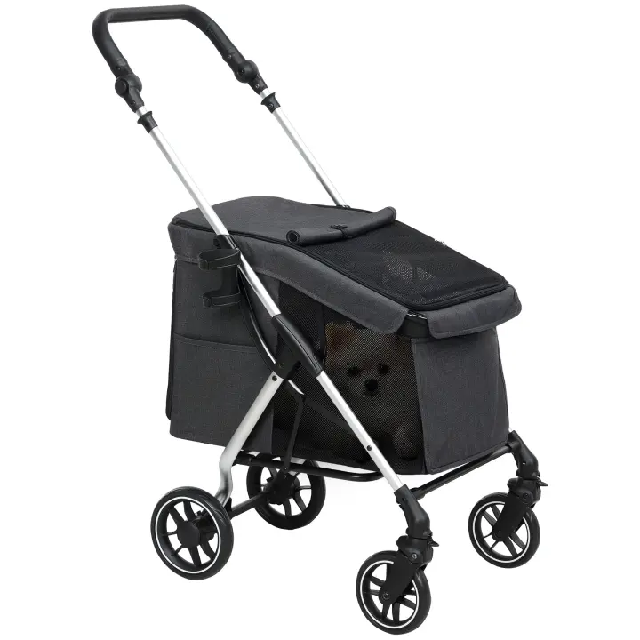 PawHut Cochecito para perros de 4 ruedas, carrito para mascotas, ligero y plegable, con cojín lavable, correa de seguridad, ventana de malla múltiple, cochecito portátil para gatos, color gris - 1