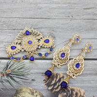 Juego De Broches Y Aretes De Arábiga Sunspicems Para Mujer En Color Oro Con Cristales Azul Y Rosa Flor Marruecos Joyería Broche Caftán Trendy - details 2