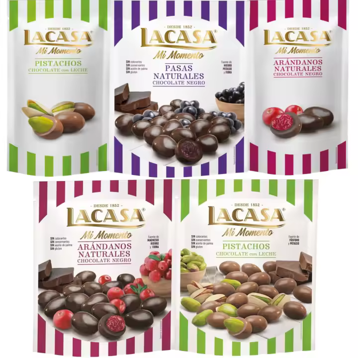 Lacasa Mi Momento pack de 5:Arándano Choco Negro ,Pistacho Choco Leche,Arándano Choco Negro ,Pasas Choco Negro ,Pistacho Choco Leche - 1