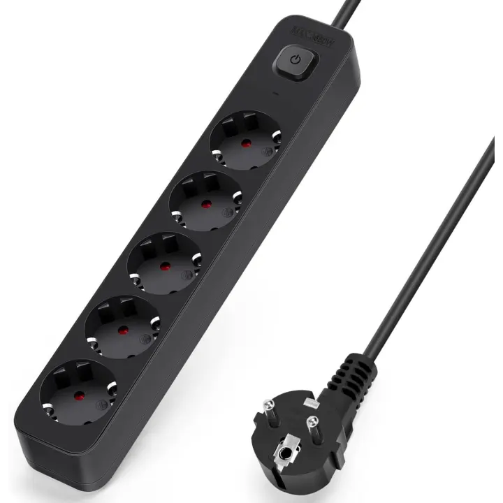 Aigostar Regleta Enchufes, Alargador Enchufe de 5 Enchufes con Interruptor, Negro GE0501 - 1