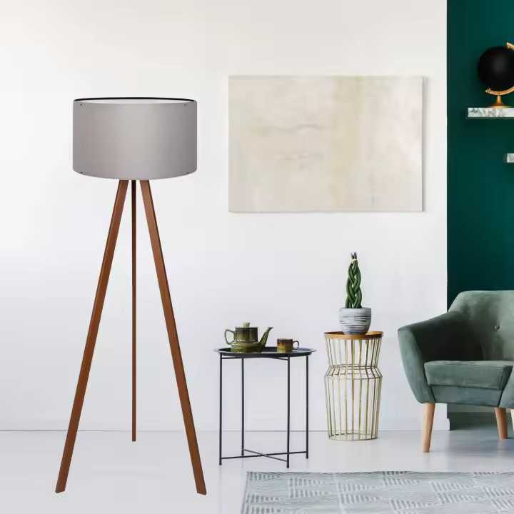 Lámpara de pie Trípode Newport 1xE27 20 W MDF PVC 21 x Ø 38 cm - Gris / Efecto madera [lux.pro] - 1