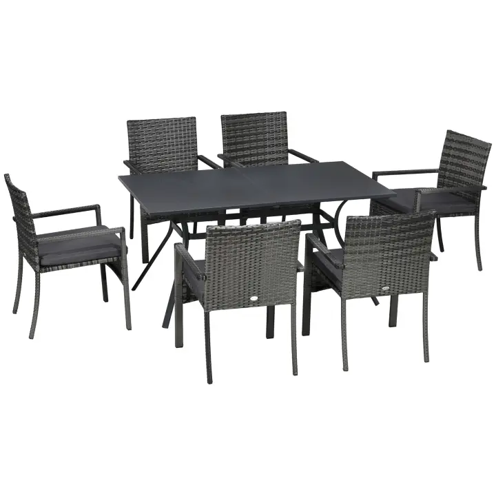 Outsunny Conjunto de Jardín de Ratán Sintético Juego de Muebles de Jardín para Exterior de Ratán de 7 Piezas Incluye 6 Sillas con Cojines y Mesa de Metal Gris - 1