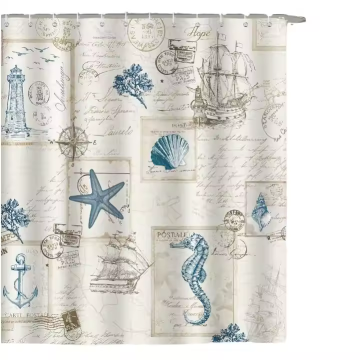 Cortina de Ducha Náutico Anancla Faro Velero Cortinas de Baño de Poliéster Impermeable Antimoho Lavable Cortina Ducha 180x200 cm con 12 Ganchos - 1