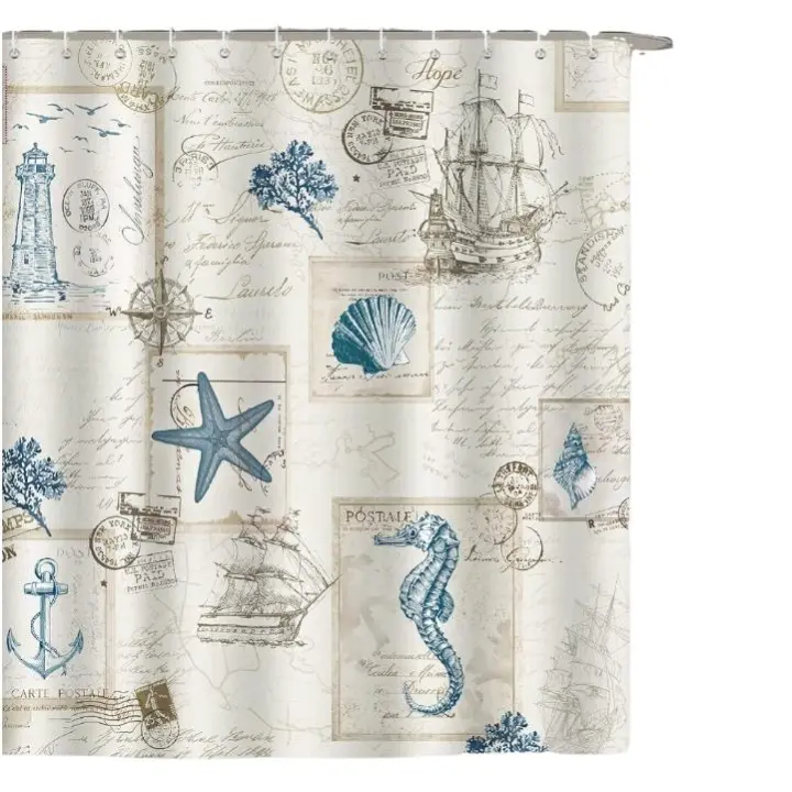 Cortina de Ducha Náutico Anancla Faro Velero Cortinas de Baño de Poliéster Impermeable Antimoho Lavable Cortina Ducha 180x200 cm con 12 Ganchos - 1