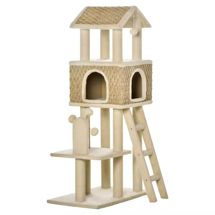 PawHut Árbol Rascador para Gatos Grande Altura 131 cm con Cueva de Algas Postes de Sisal Natural Plataformas Bola Colgante y Molino de Viento de Juguete 69x40x131 cm Beige - 1